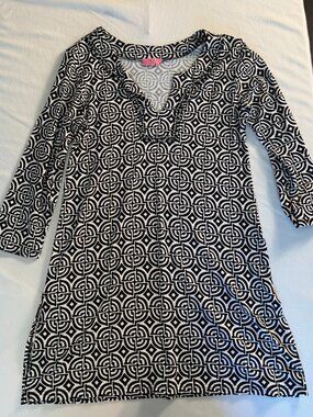 Joyous & Free Black White Geometric Print Tunic Dress Beaded V Neck M